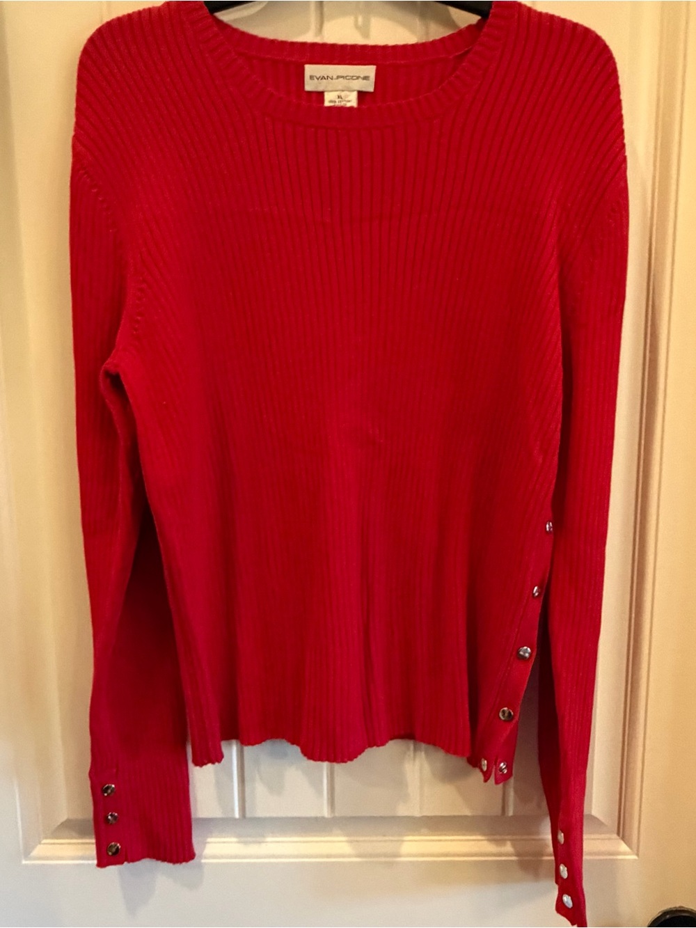 Evan Picone Bright Red Ribbed Crewneck Sweater with Sleeve Buttons